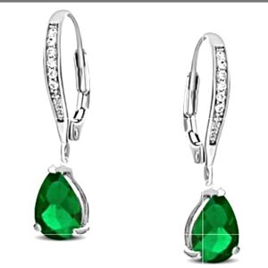 Emerald Green Color Cubic Zirconia, Rhodium Plated over Sterling Silver Teardrop